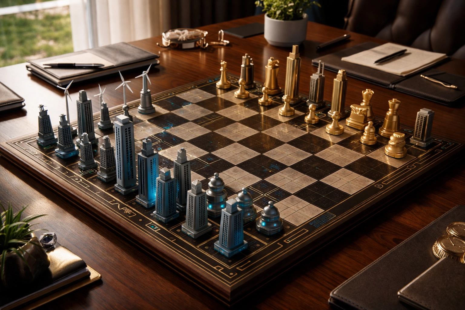 Chess board with skyscrapers and gold bars symbolizing strategic diversification and sectoral choices in private equity.