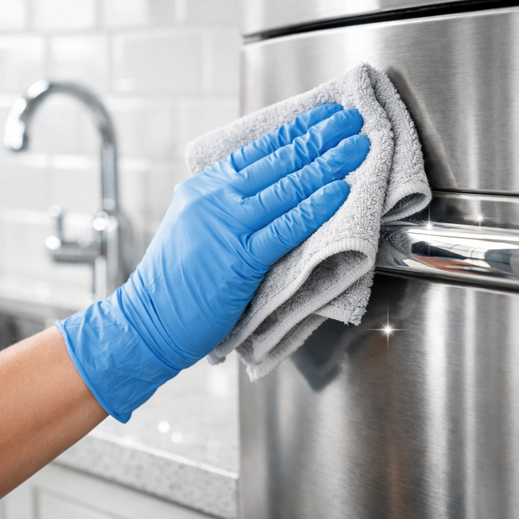 Cleaner wiping stainless steel kitchen appliance during apartment make-ready cleaning