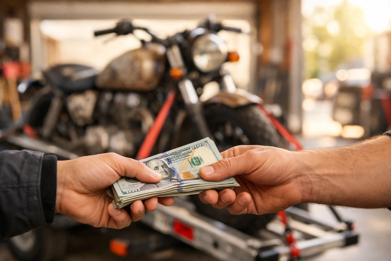 Hands exchanging cash for a motorcycle in a garage, showing a fast way to sell my motorcycle for cash.