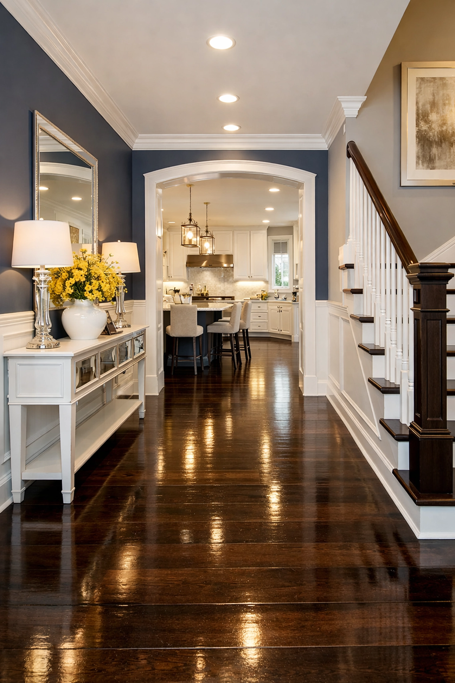 Spotless entryway and hardwood floors in a modern home following a deep house cleaning in Ashby MA.