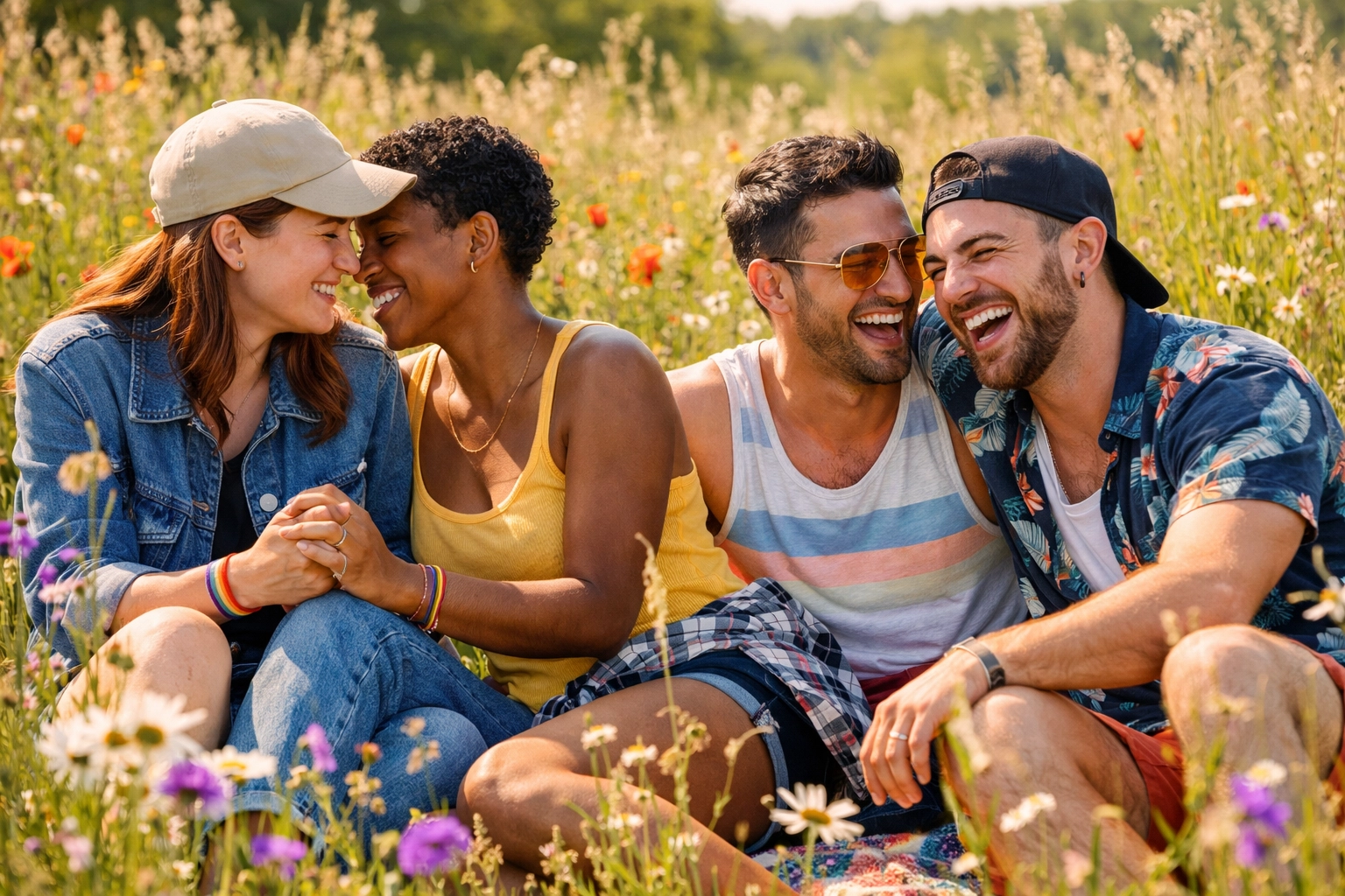 A group of queer friends laughing in a meadow, celebrating LGBTQ community and found family.
