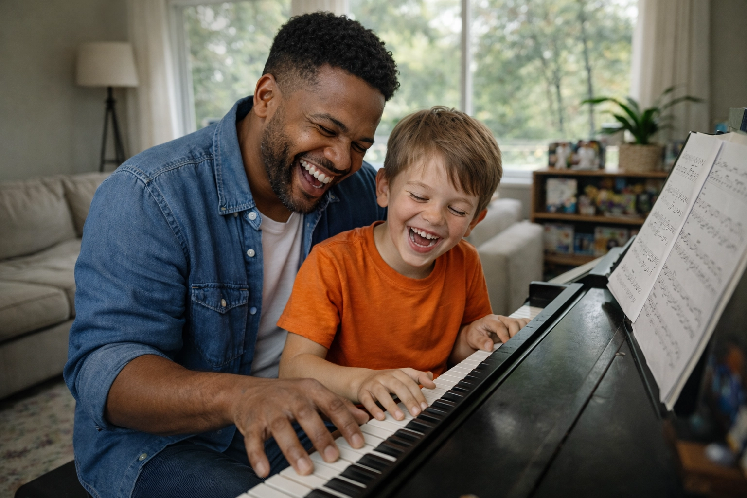 A father and son laughing during home practice, enjoying piano lessons for kids instead of screen time.