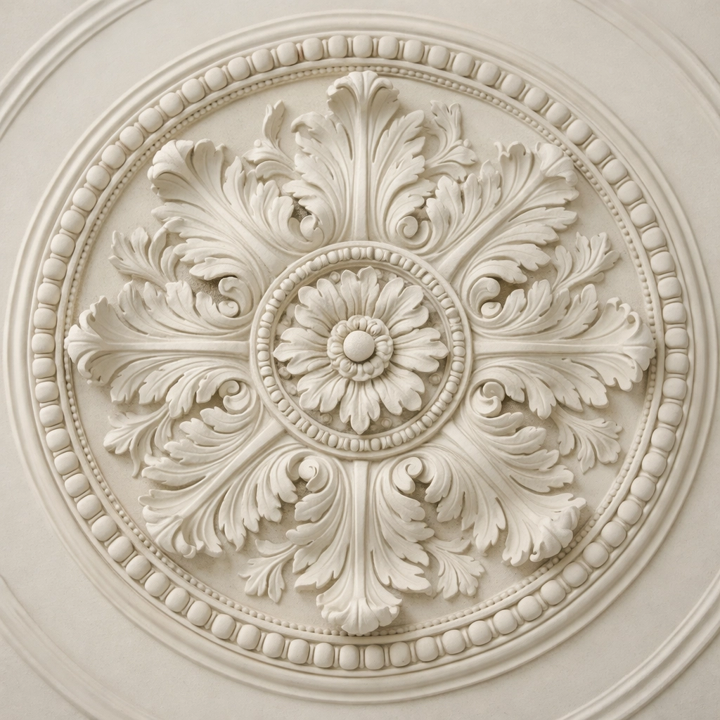 Original Regency ceiling rose showing intricate lime plasterwork details