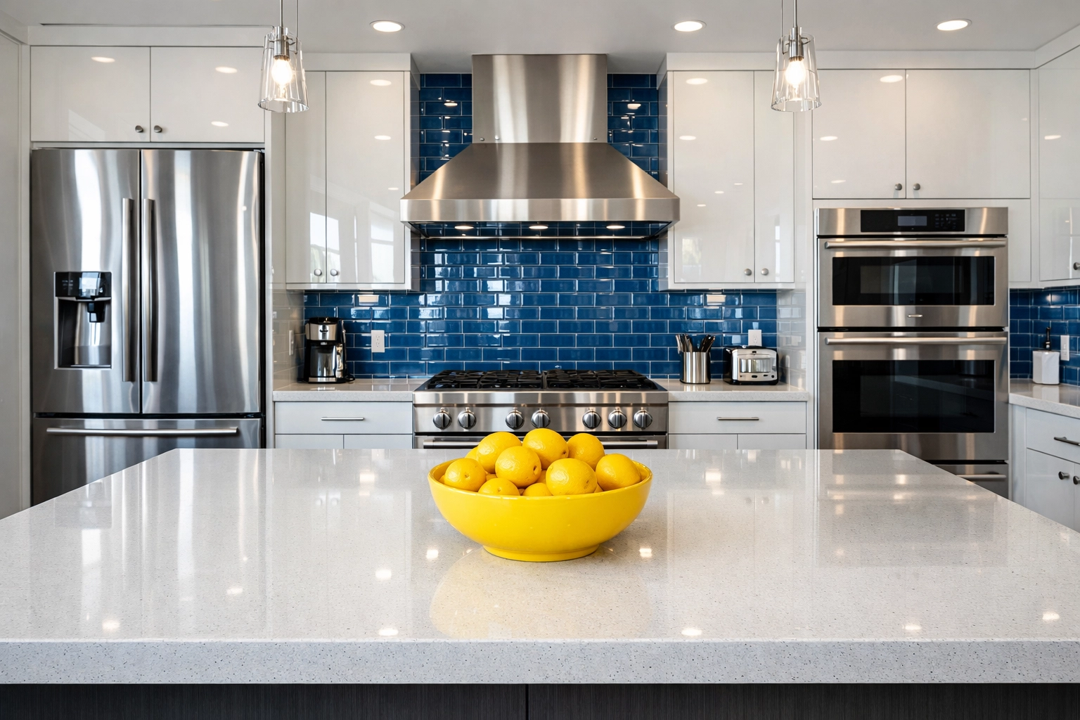 A deep-cleaned Salisbury kitchen with sparkling quartz countertops and organized professional residential care.