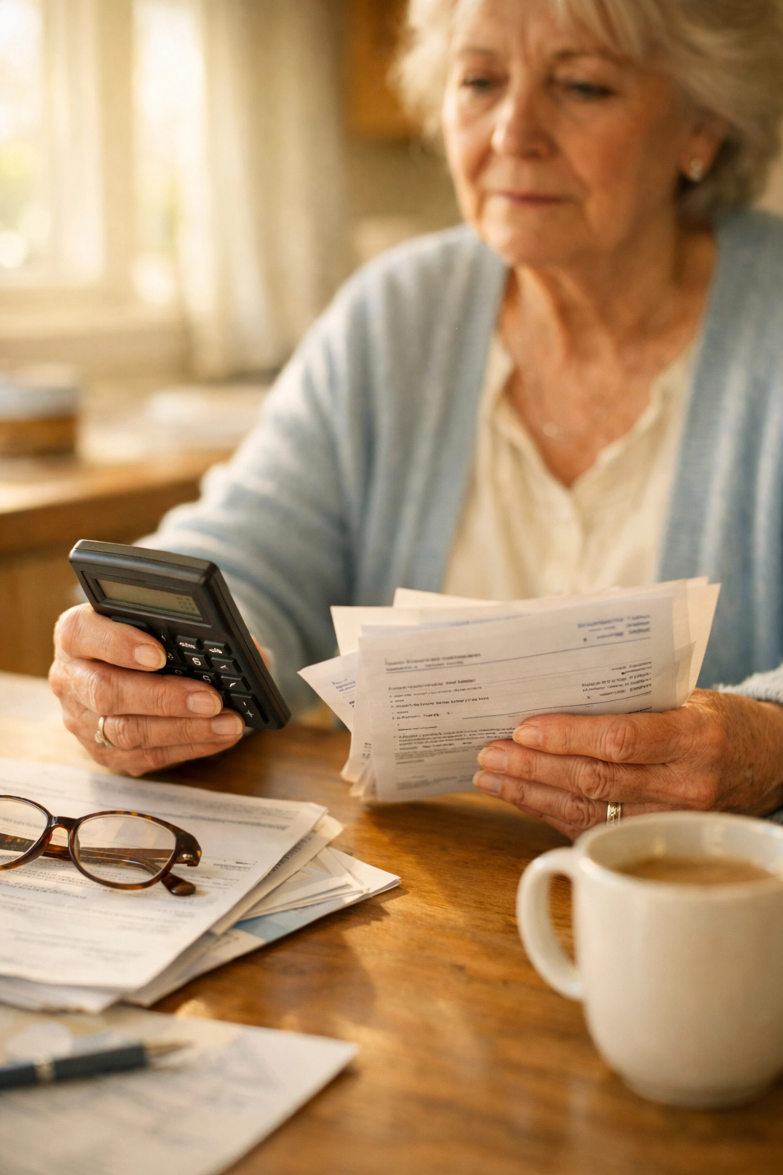 Senior woman calculating monthly bills and Social Security benefits at kitchen table