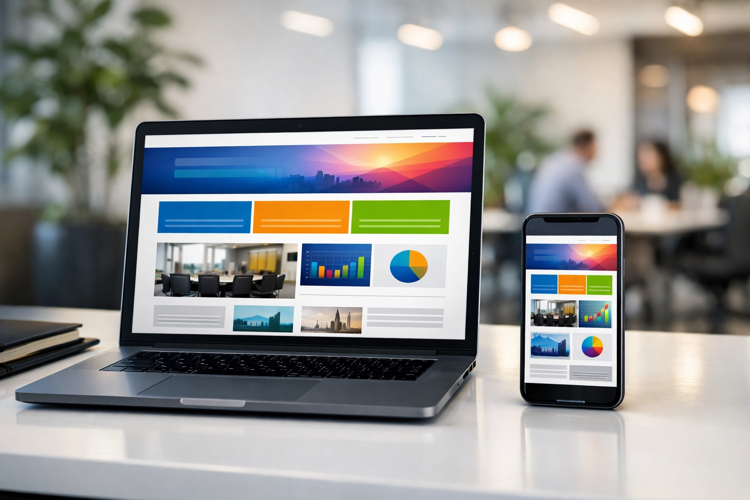 Professional mobile-friendly website design displayed on a laptop and smartphone in a modern office.
