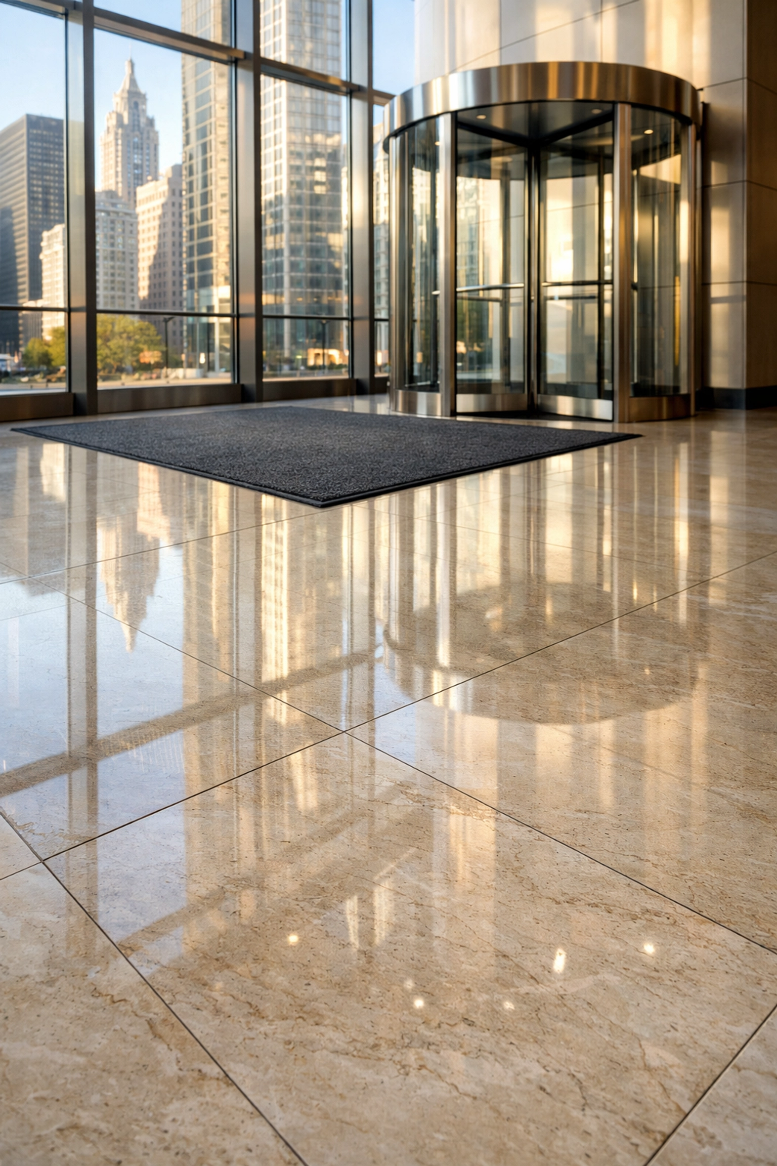 Pristine polished limestone lobby floor in a modern Chicago office building showcasing professional floor care.