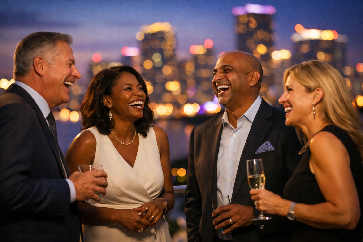 Corporate event photographer miami capturing candid networking moments at a luxury rooftop gala in Brickell.