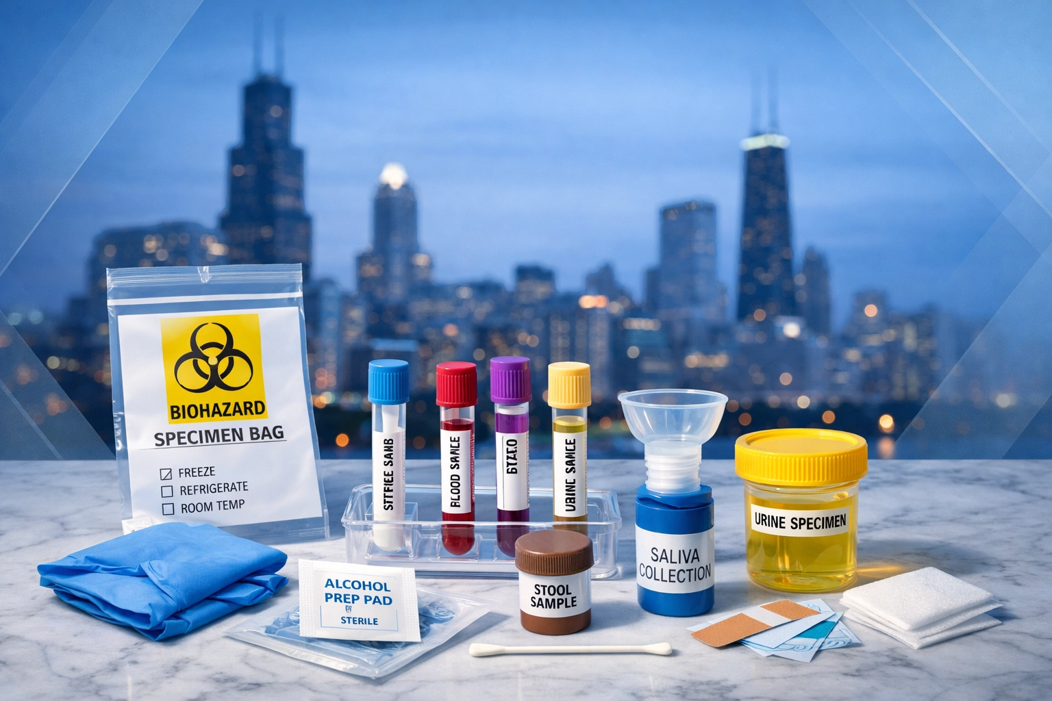 Professional DNA testing kit in Chicago with a view of the city skyline.