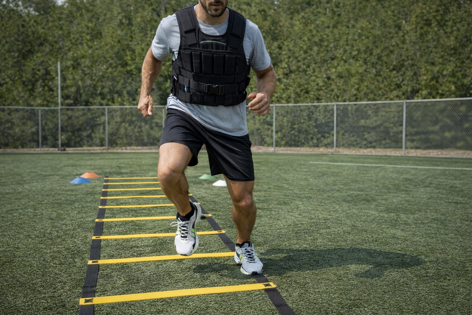 Close-up of athlete's feet moving through speed ladder with weighted vest