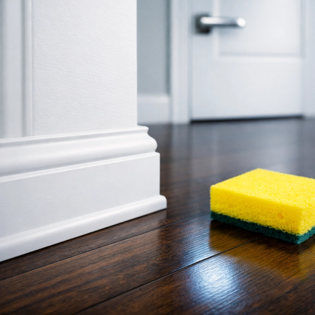 Close-up of clean white baseboards and polished wood floors highlighting deep move-out cleaning detail.