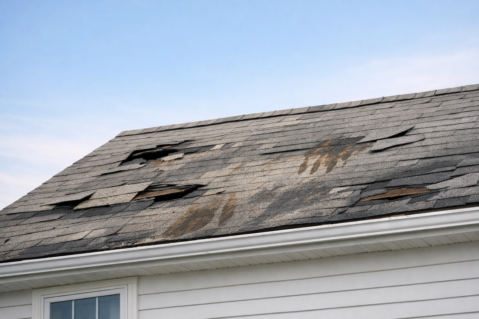 Damaged residential roof with missing shingles that could lead to denied homeowners insurance claim