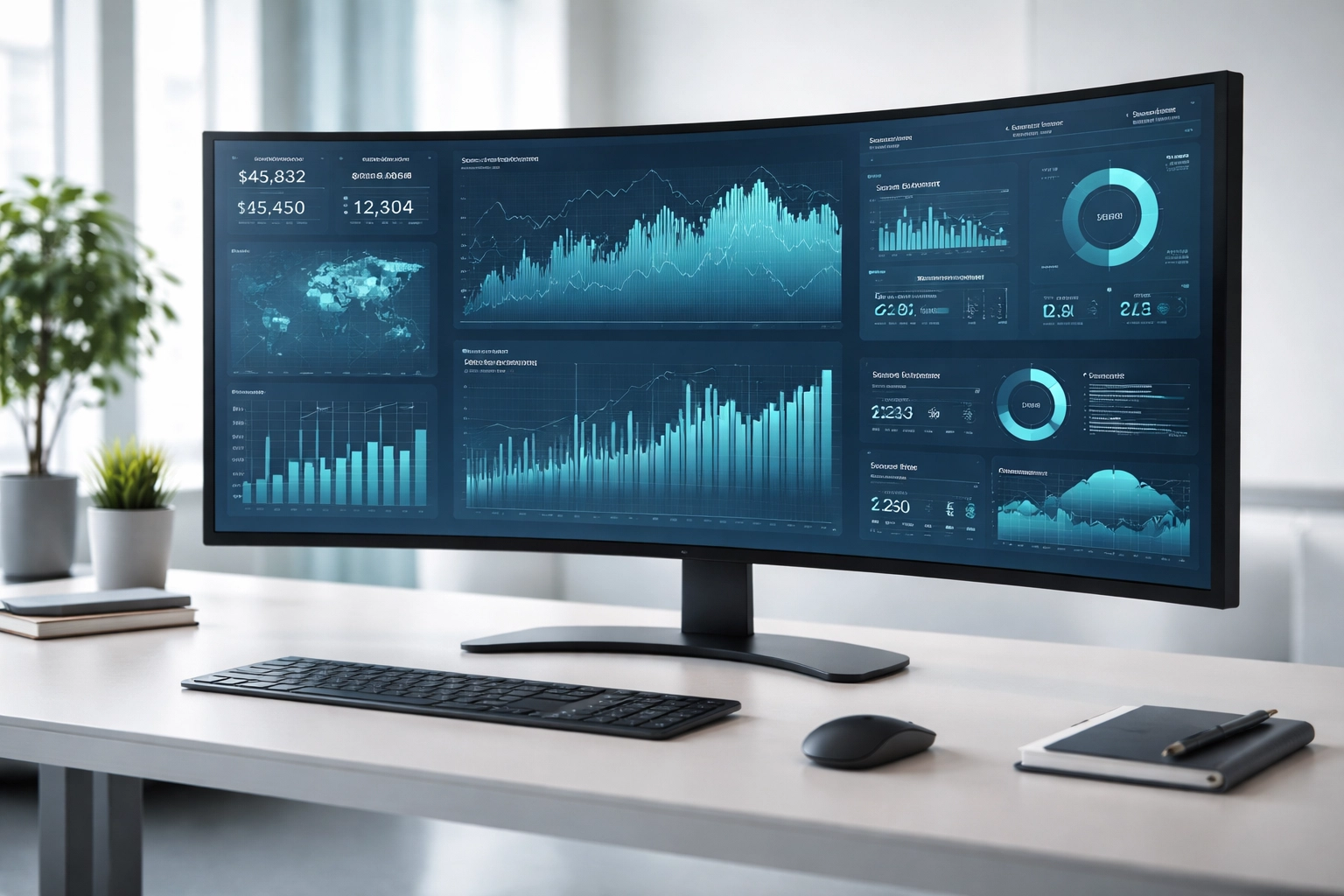 Digital dashboard with data analytics and charts on a large monitor, illustrating business insights and productivity.