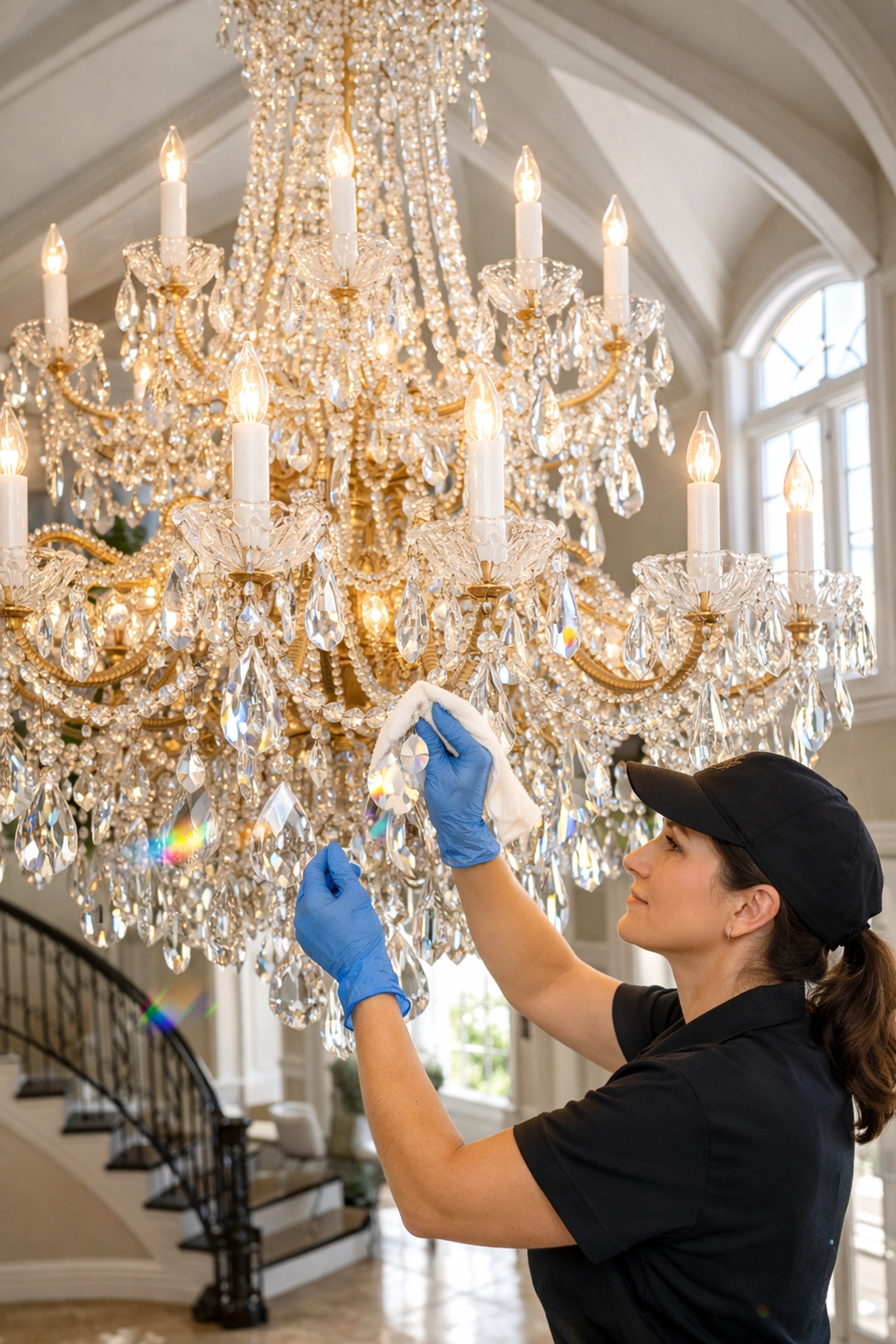 Professional chandelier cleaning service polishing crystal prisms in a luxury Westchester NY home.