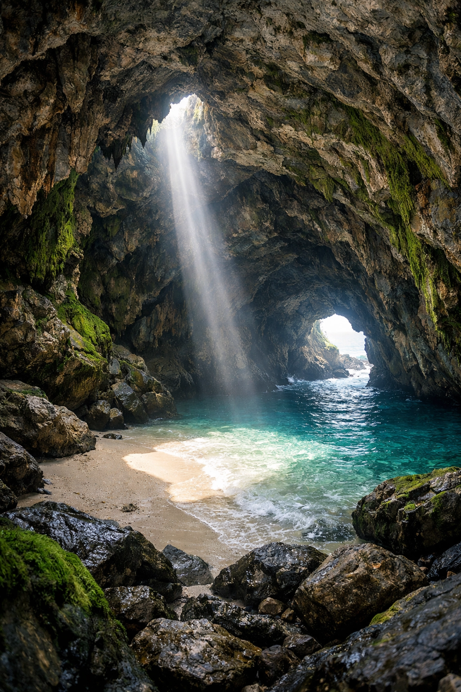 Hidden gem travel photography location showing a stunning sea cave with a natural sunbeam.