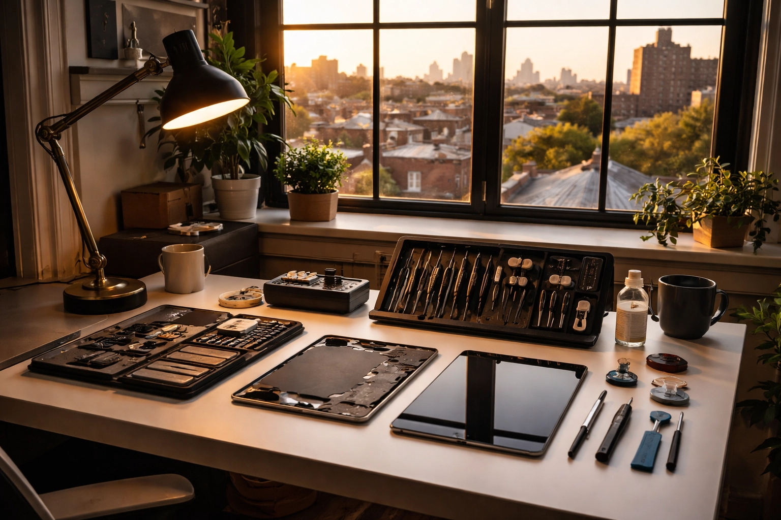 Mobile iPad repair toolkit and parts arranged in stylish Brooklyn home office, demonstrating on-site iPad screen fix.