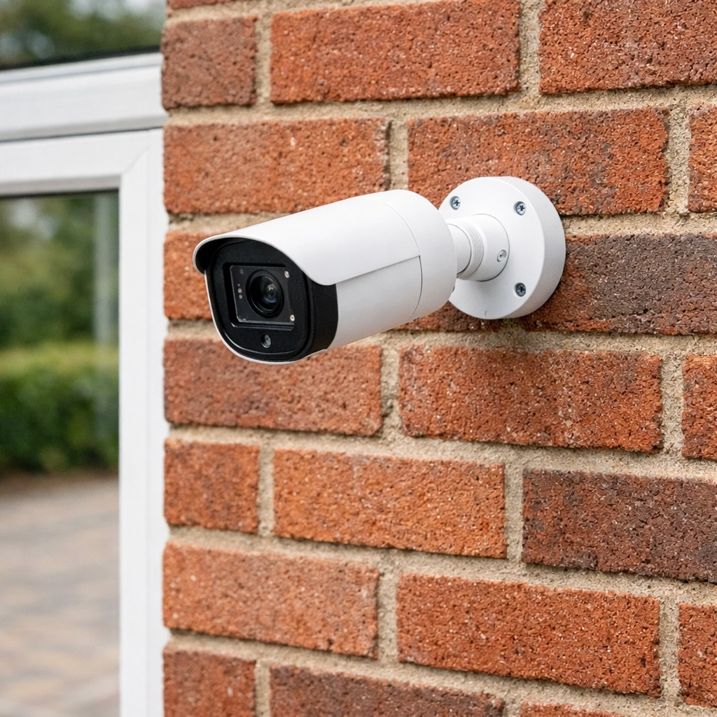 Expert security camera placement on a brick wall near a window for clear facial identification and home safety.