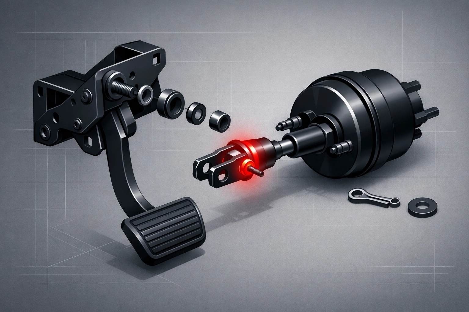Technical illustration of a Ford Transit brake pedal assembly highlighting the missing cotter pin defect.