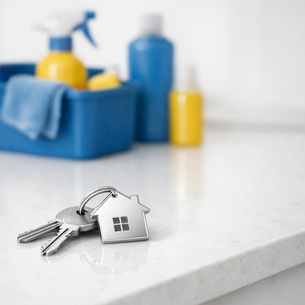 Apartment keys on a clean quartz counter after a stress-free Boston apartment turnover cleaning.