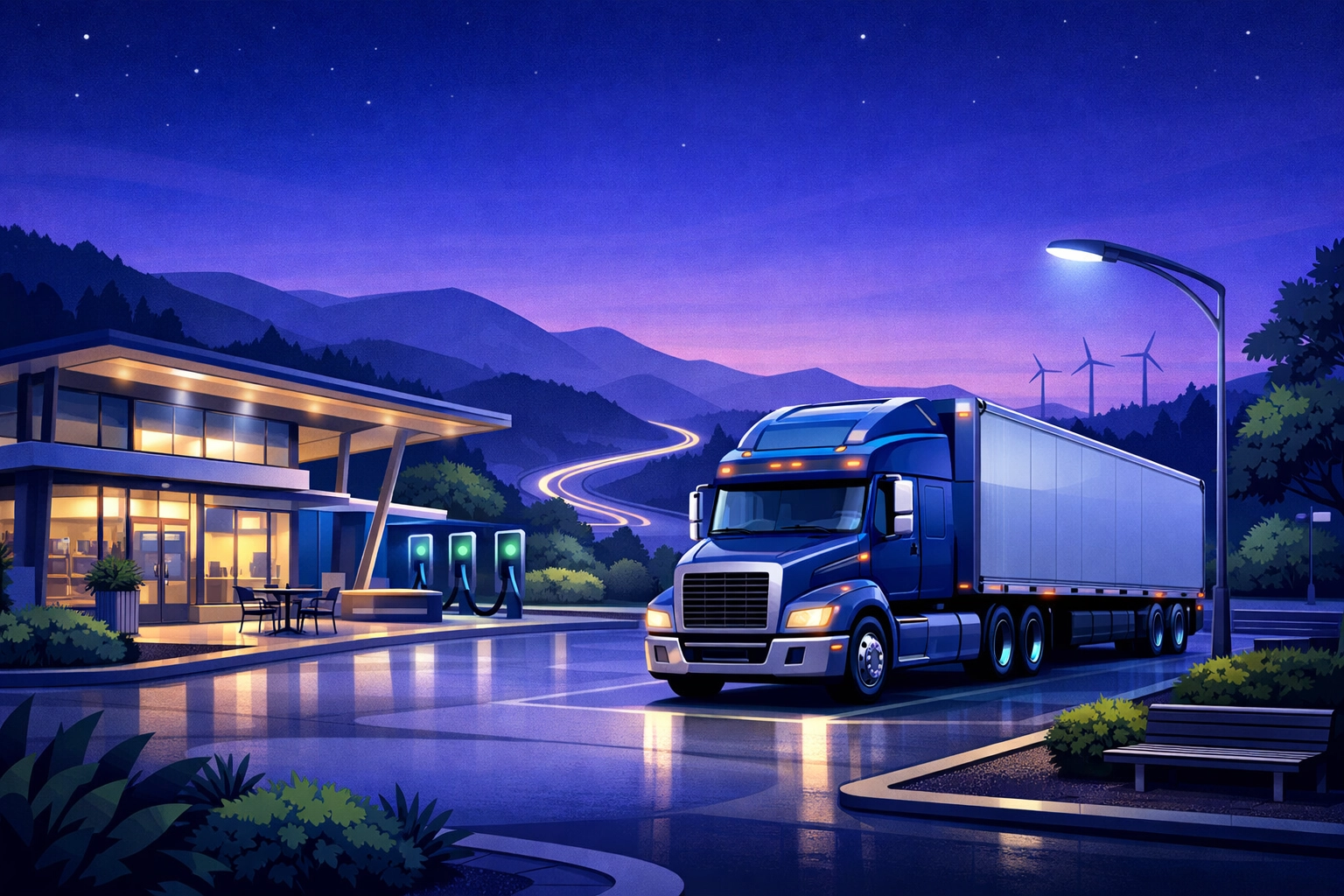 HGV driver at a high-tech motorway service station along a scenic UK driving route.