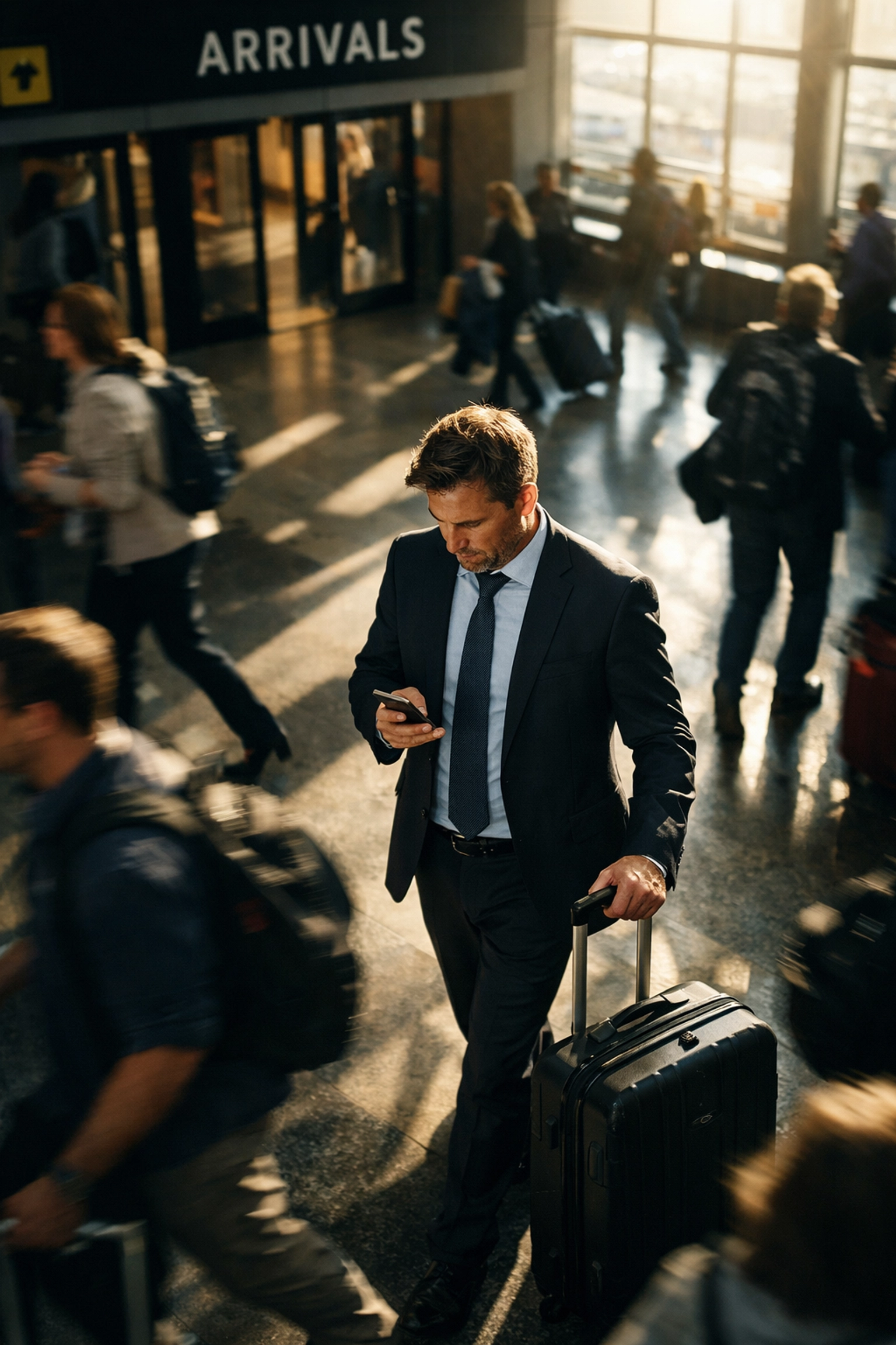 Distracted traveler checking phone at Medellin airport arrivals hall with luggage