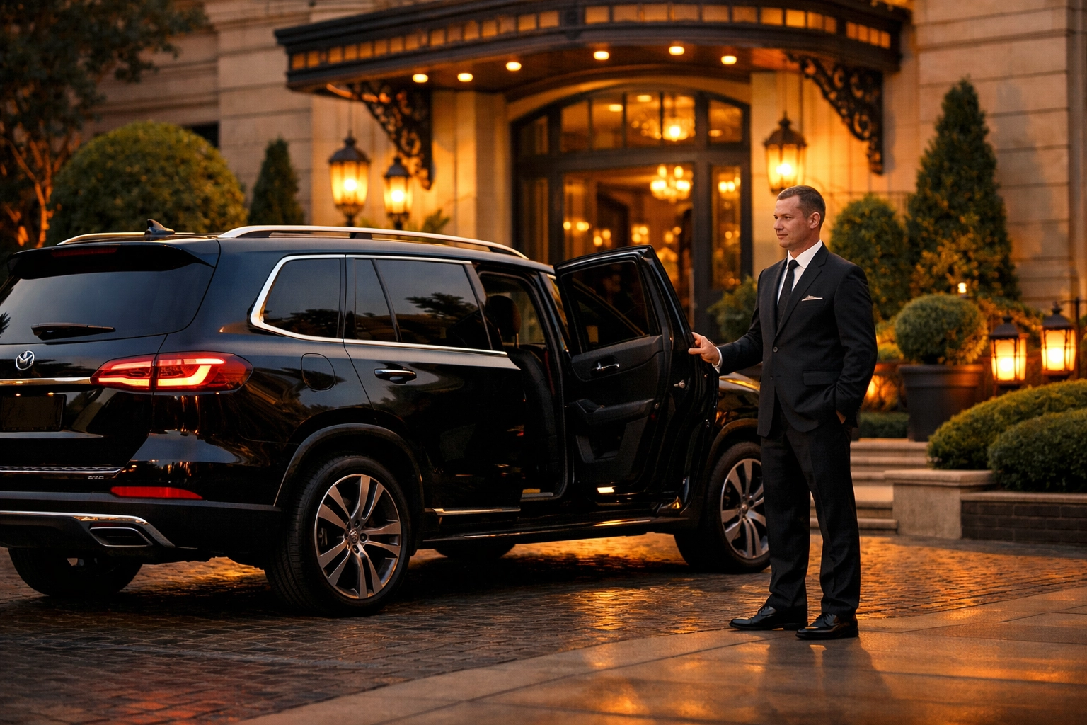 NEWSLETTER: Stop Scrambling for Super Bowl Reservations – The Proven 48-Hour Framework for Executive Comfort, Security, and Deal-Closing Networking Luxury executive transportation service with chauffeur at boutique hotel entrance