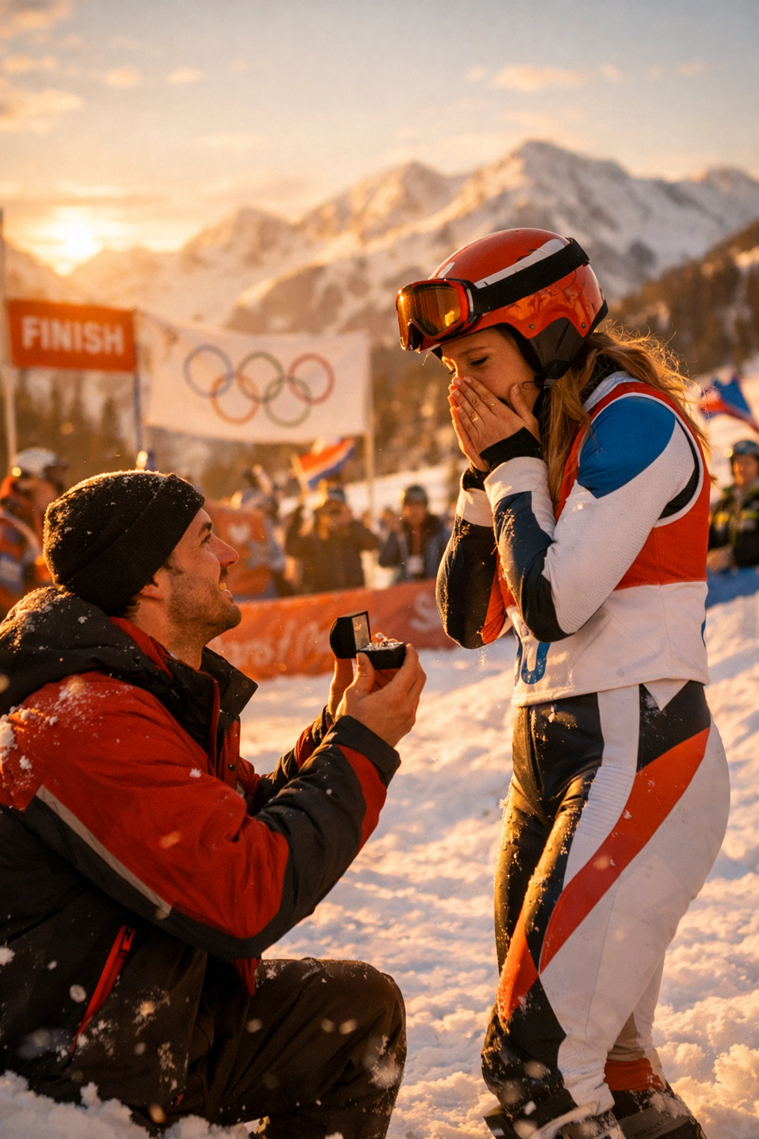 Olympic skier engagement proposal celebration at snowy mountain finish line