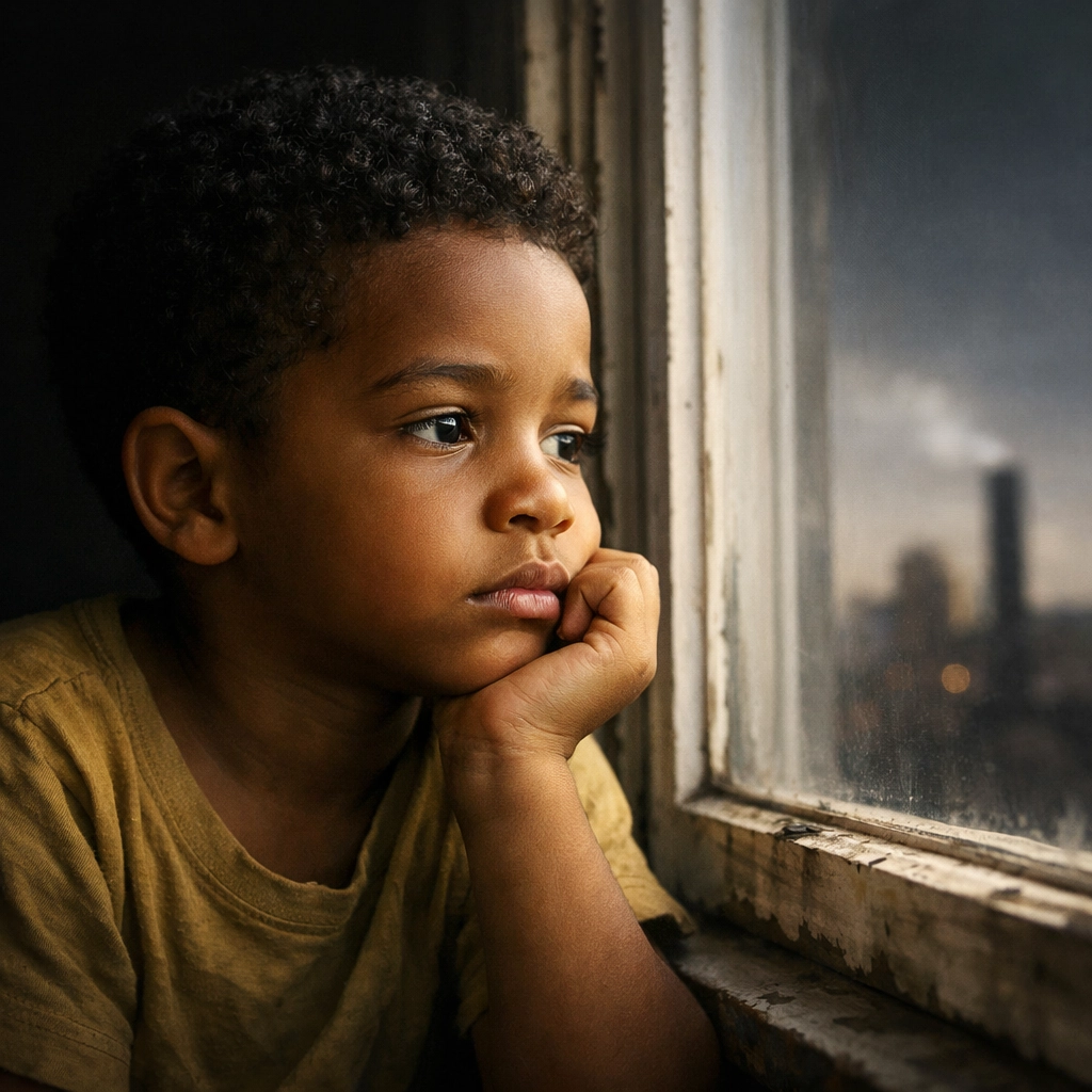 An Afro-Latino boy viewing industrial hazards, a focus for a social impact investment firm.