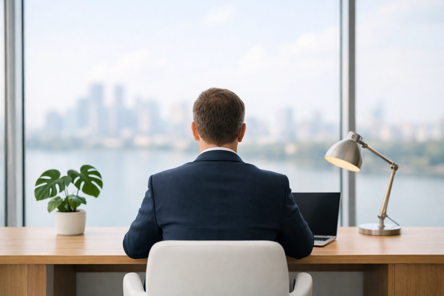 Hotel manager using hospitality management software to automate back-office operations and analytics.