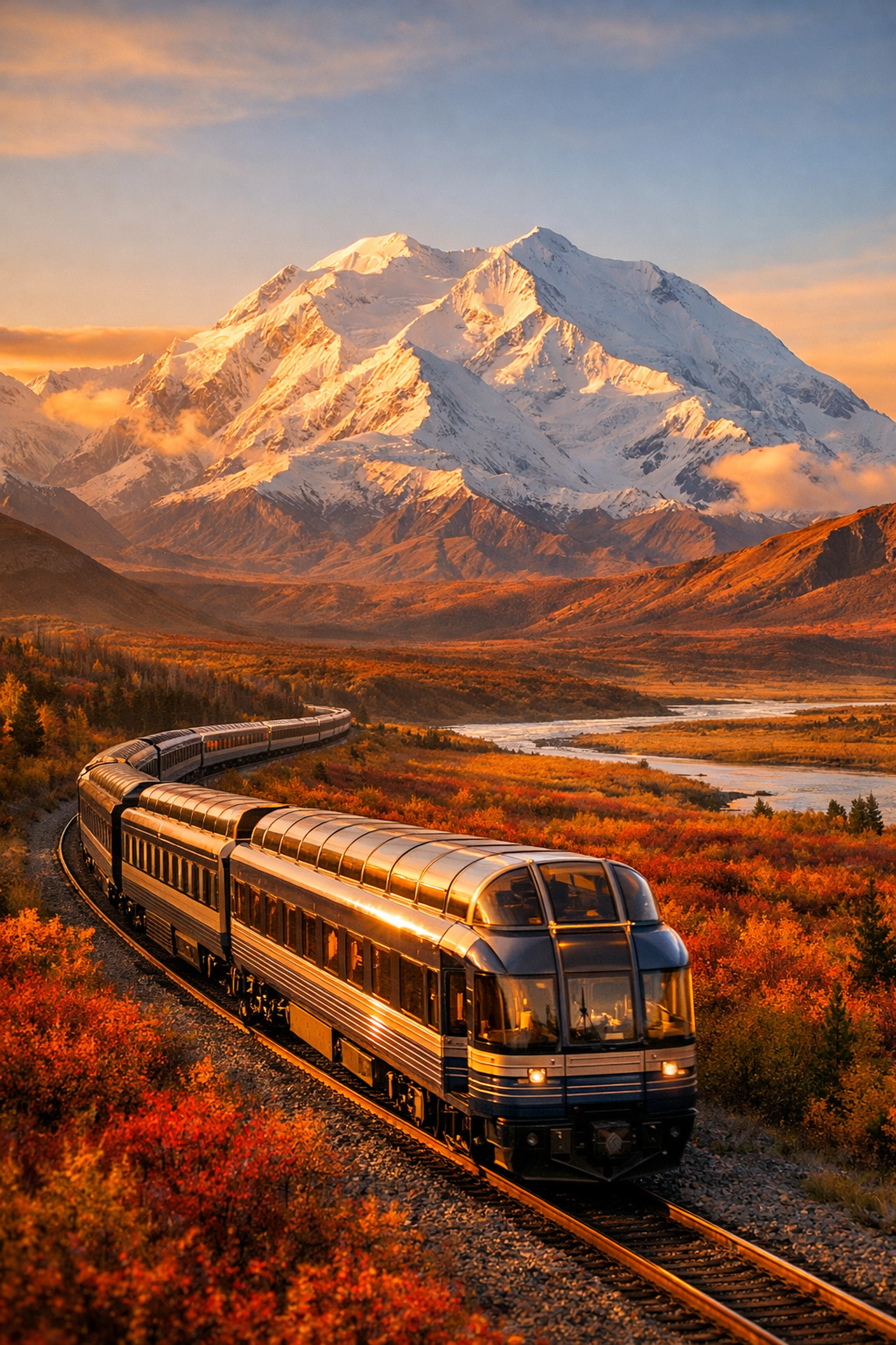 Glass-domed luxury railcar traveling through Denali National Park on Alaska cruisetour