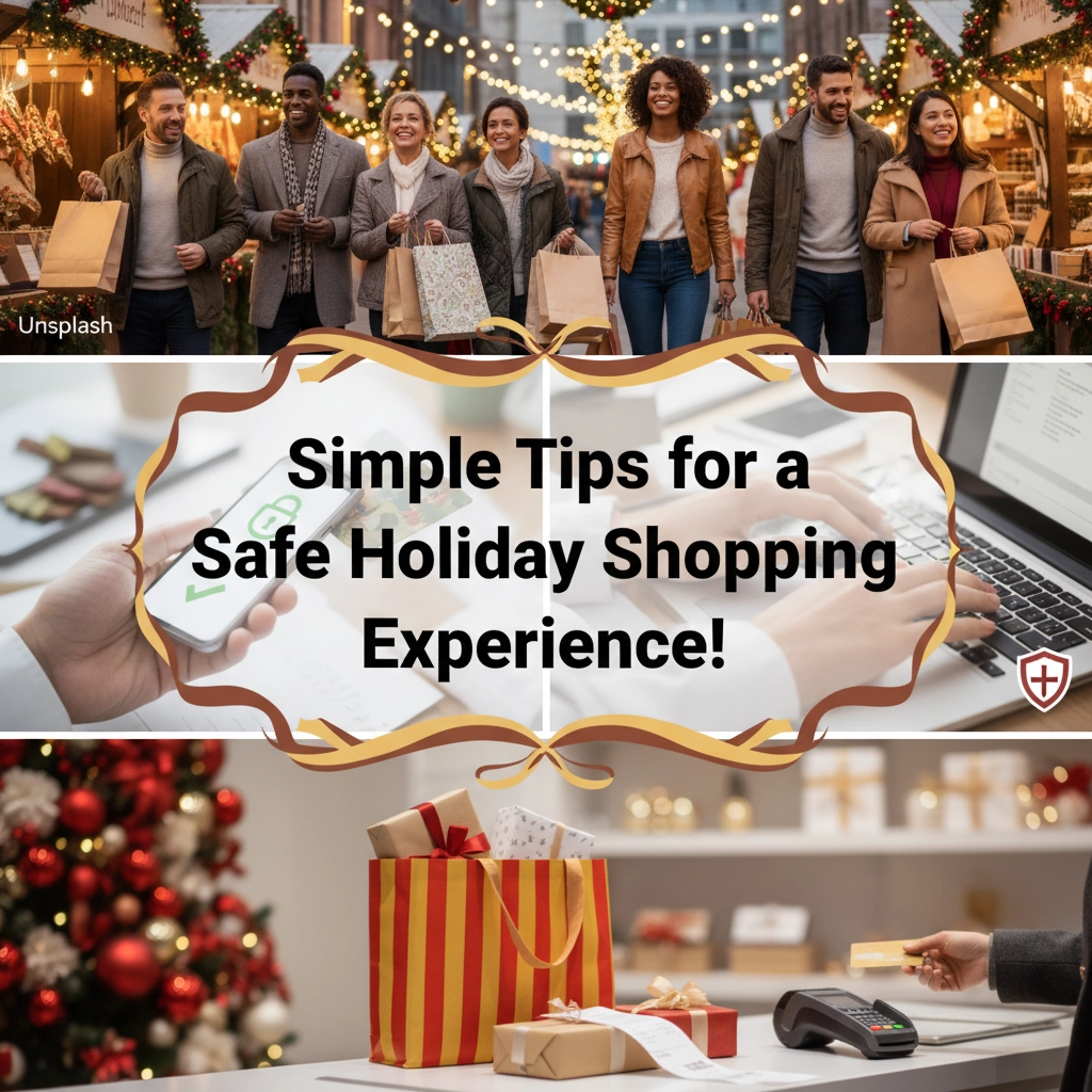 Article cover, three pictures stacked on each. Top photo shows a diverse group of people Holiday shopping, smiling and carrying shopping bags. Second photo shows a person ordering online while looking on their phone. Last photo shows a shopping bags with purchased gits on a store counter. The Ultimate Guide to Safe & Fun Holiday Shopping