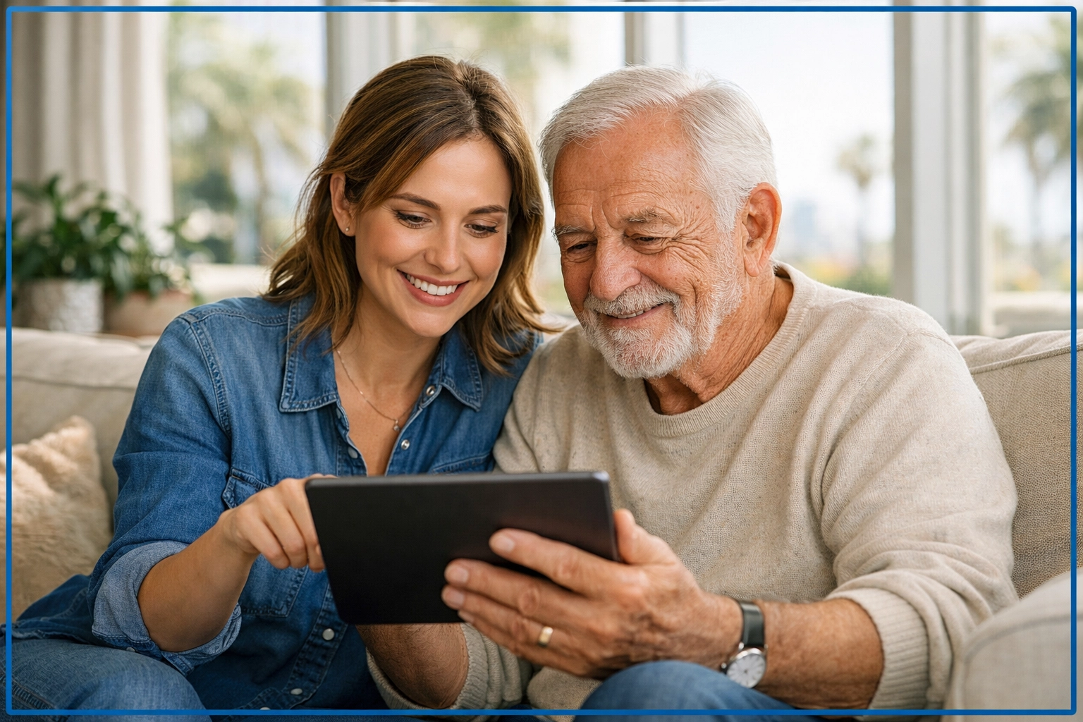 Adult daughter and elderly father collaborating on senior living options in Los Angeles home Adult daughter and elderly father collaborating on senior living options in Los Angeles home