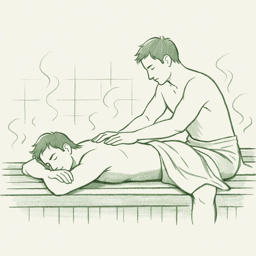 Two men in gay sauna steam room, one receiving professional massage on wooden bench