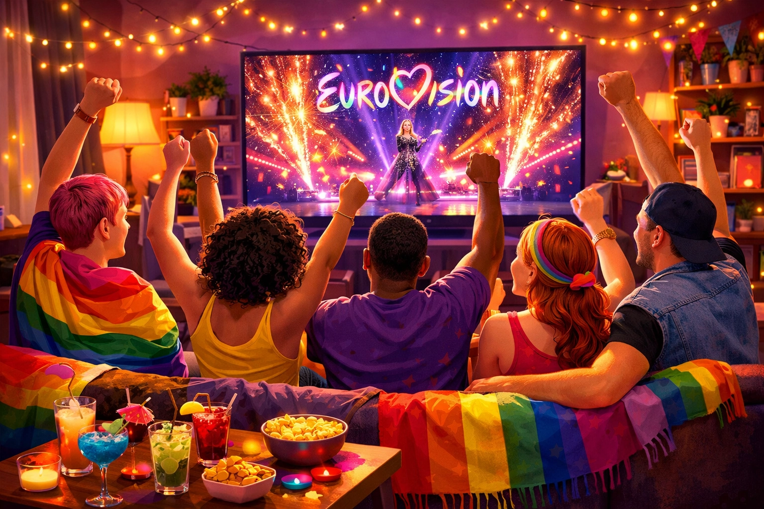 LGBTQ+ friends celebrating together during Eurovision viewing party with rainbow flags and cocktails