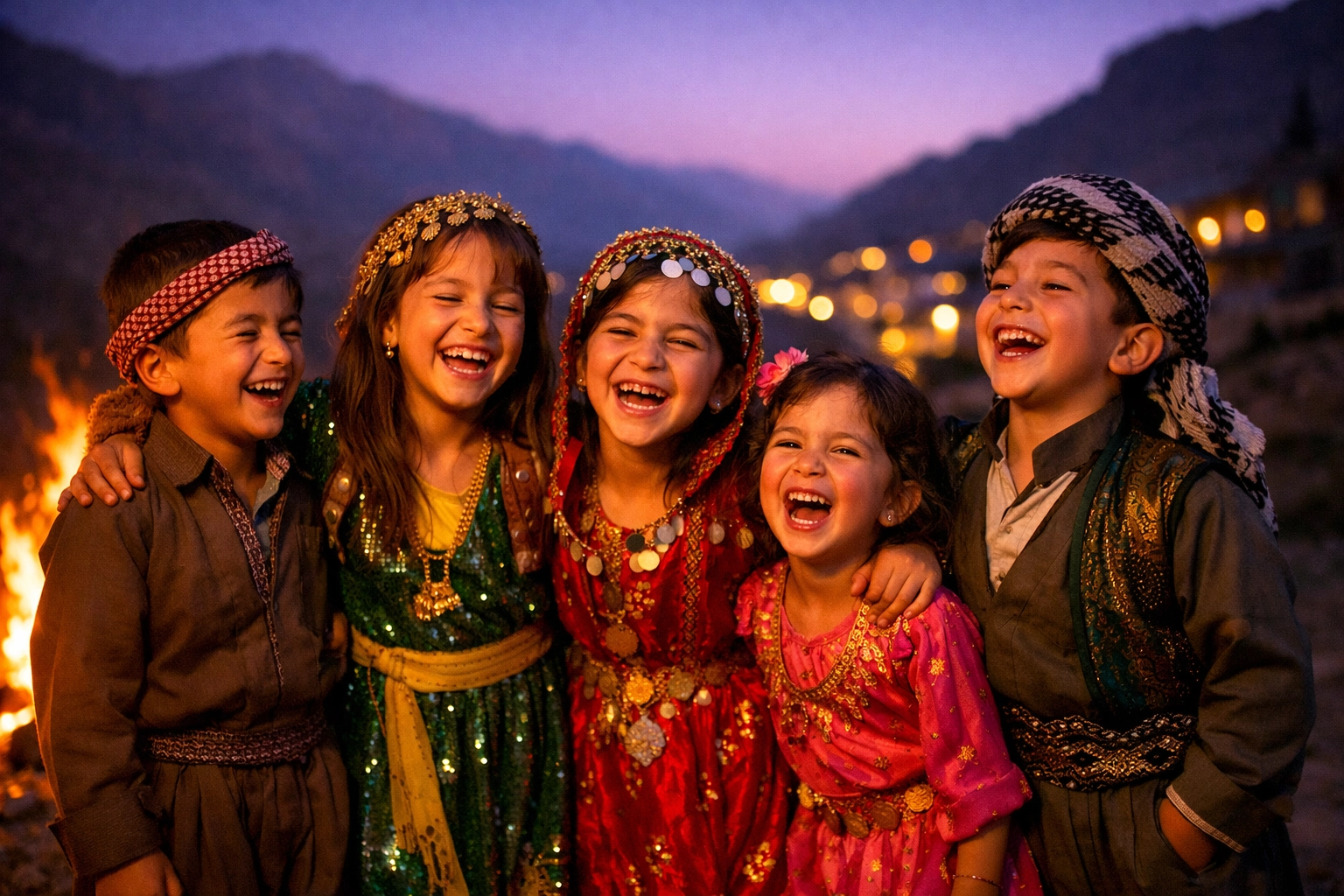 Kurdish children in traditional clothing laughing by a bonfire during the Nowruz celebration.