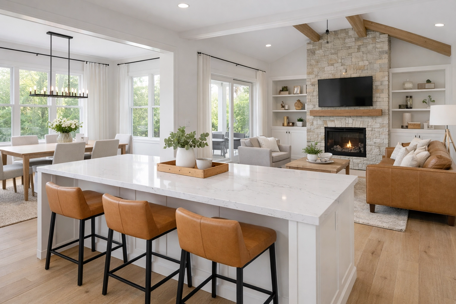 Bright, spacious modern kitchen and living room in the NC Triangle real estate market. Bright, spacious modern kitchen and living room in the NC Triangle real estate market.