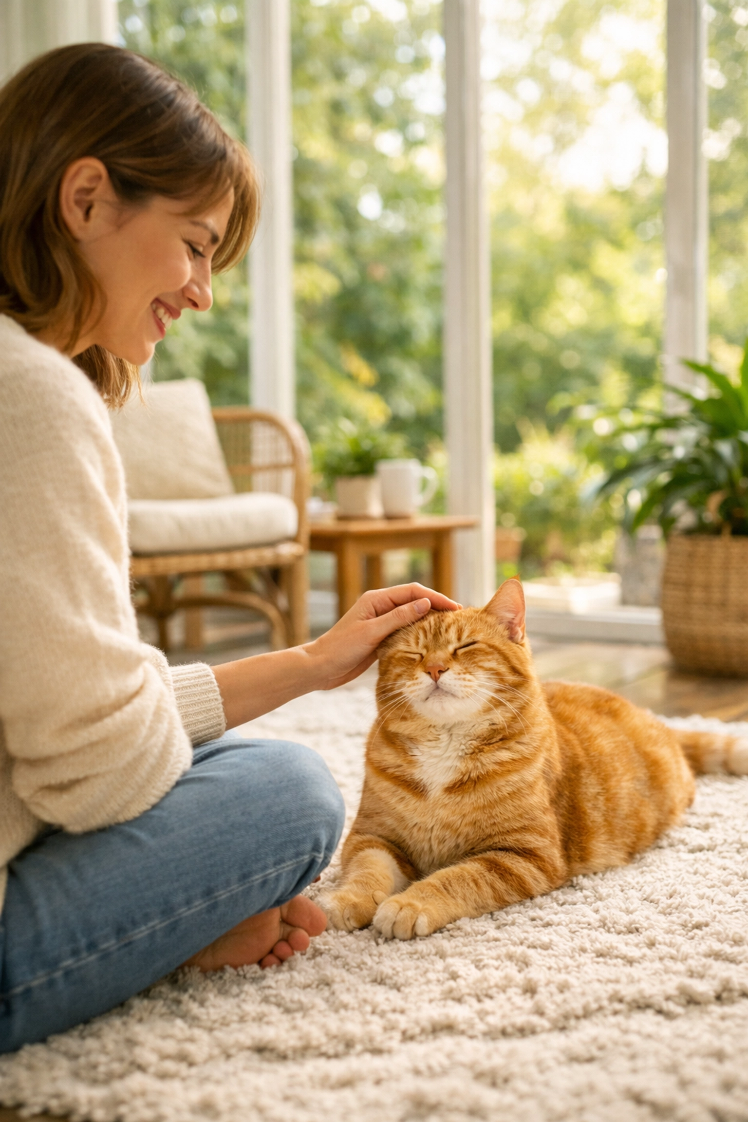 A tenant bonding with a ginger cat in a sunlit conservatory, highlighting long-term pet-friendly tenancies.