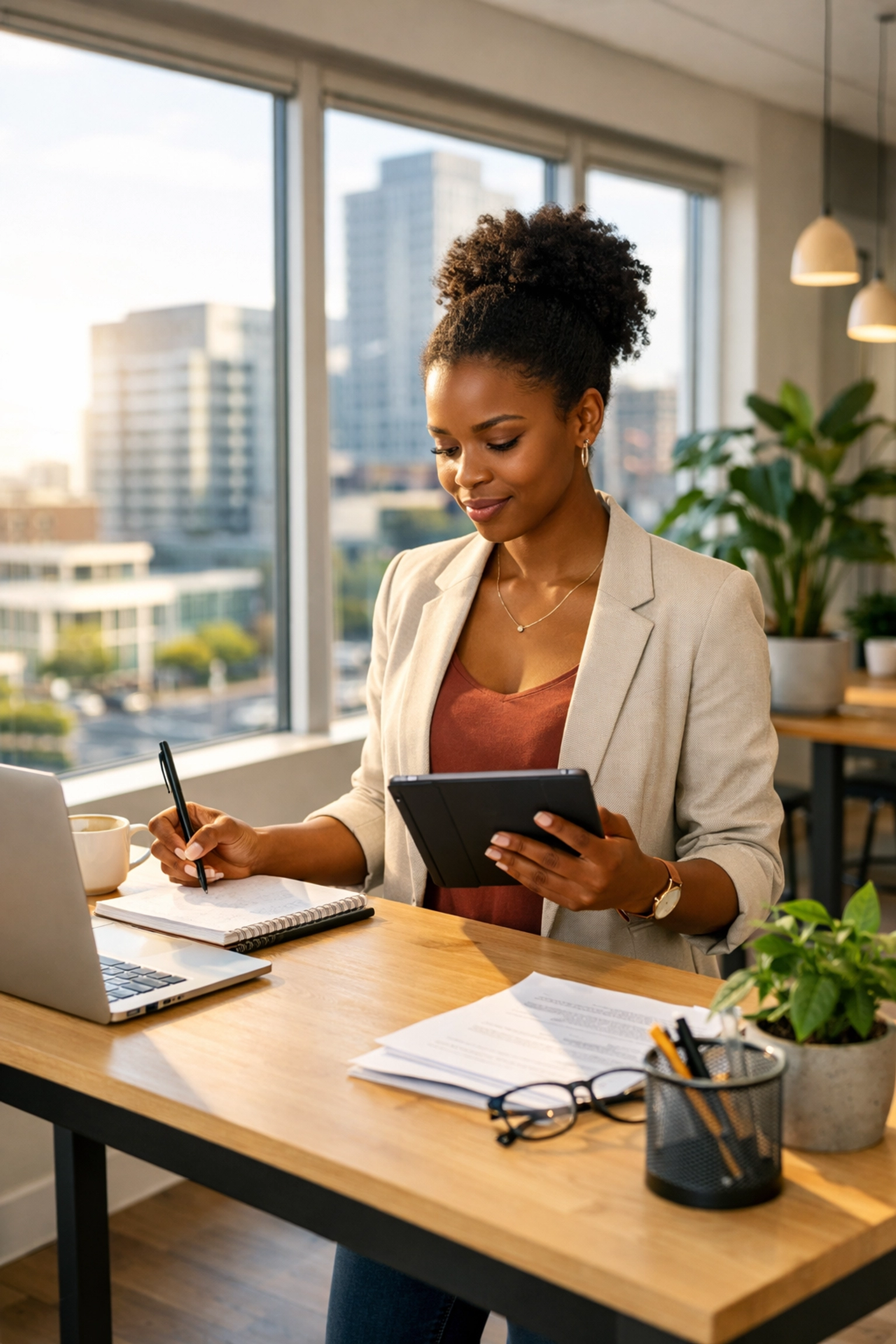 Entrepreneur reviewing business tax documents and AMT exposure at modern workspace