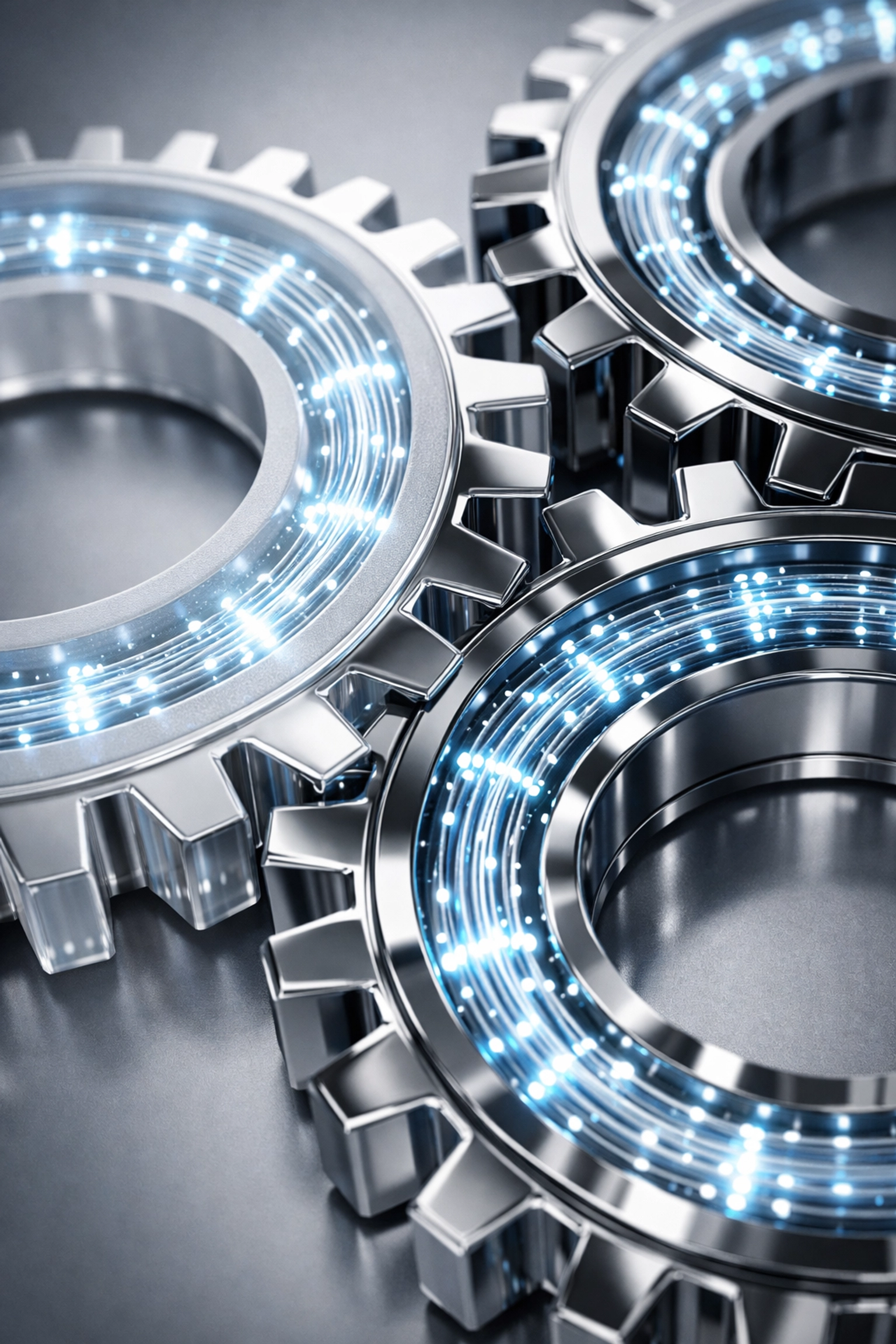 Glowing chrome gears connecting seamlessly to represent efficient business process automation and integration.