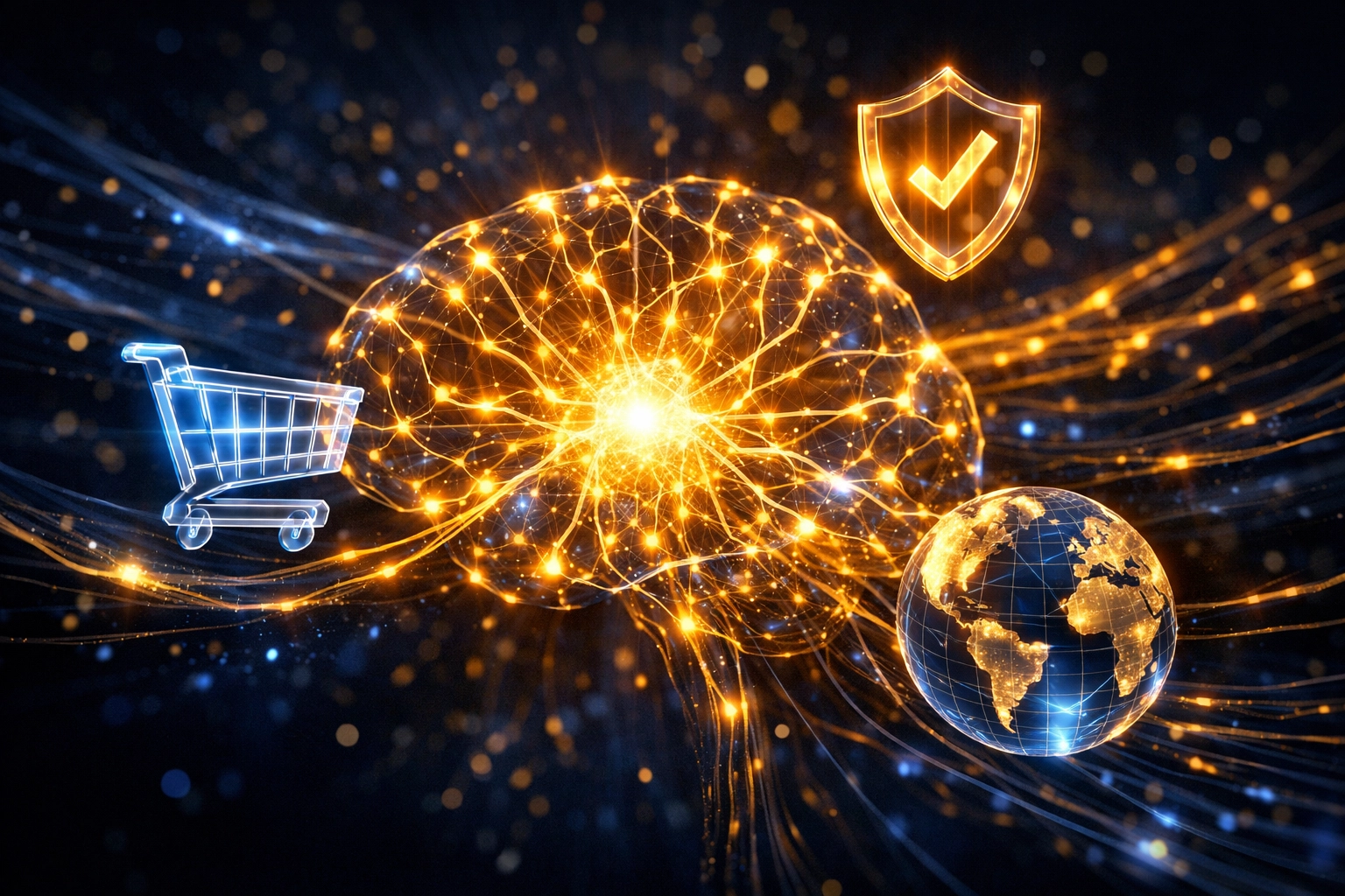 AI-driven blockchain network with security and commerce icons for secure Web3 global payments and fraud detection.