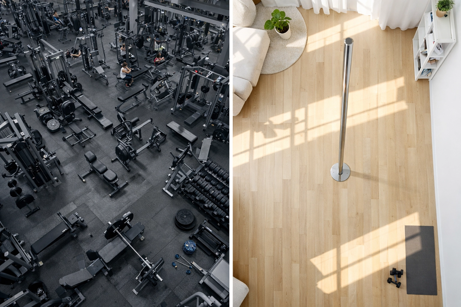 Space comparison: traditional gym equipment versus compact floor to ceiling home gym setup