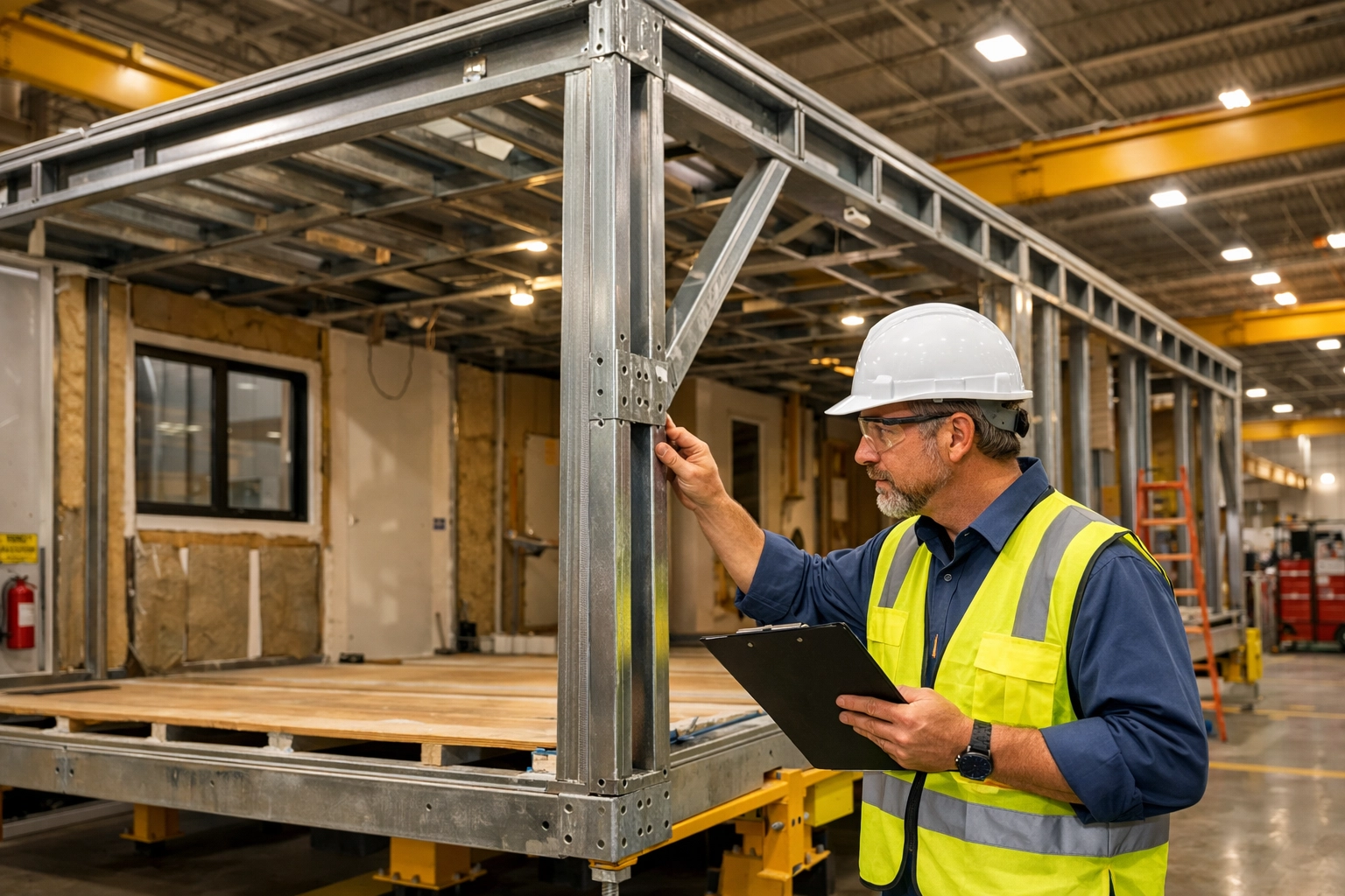 Quality inspector checking modular home steel frame in manufacturing facility