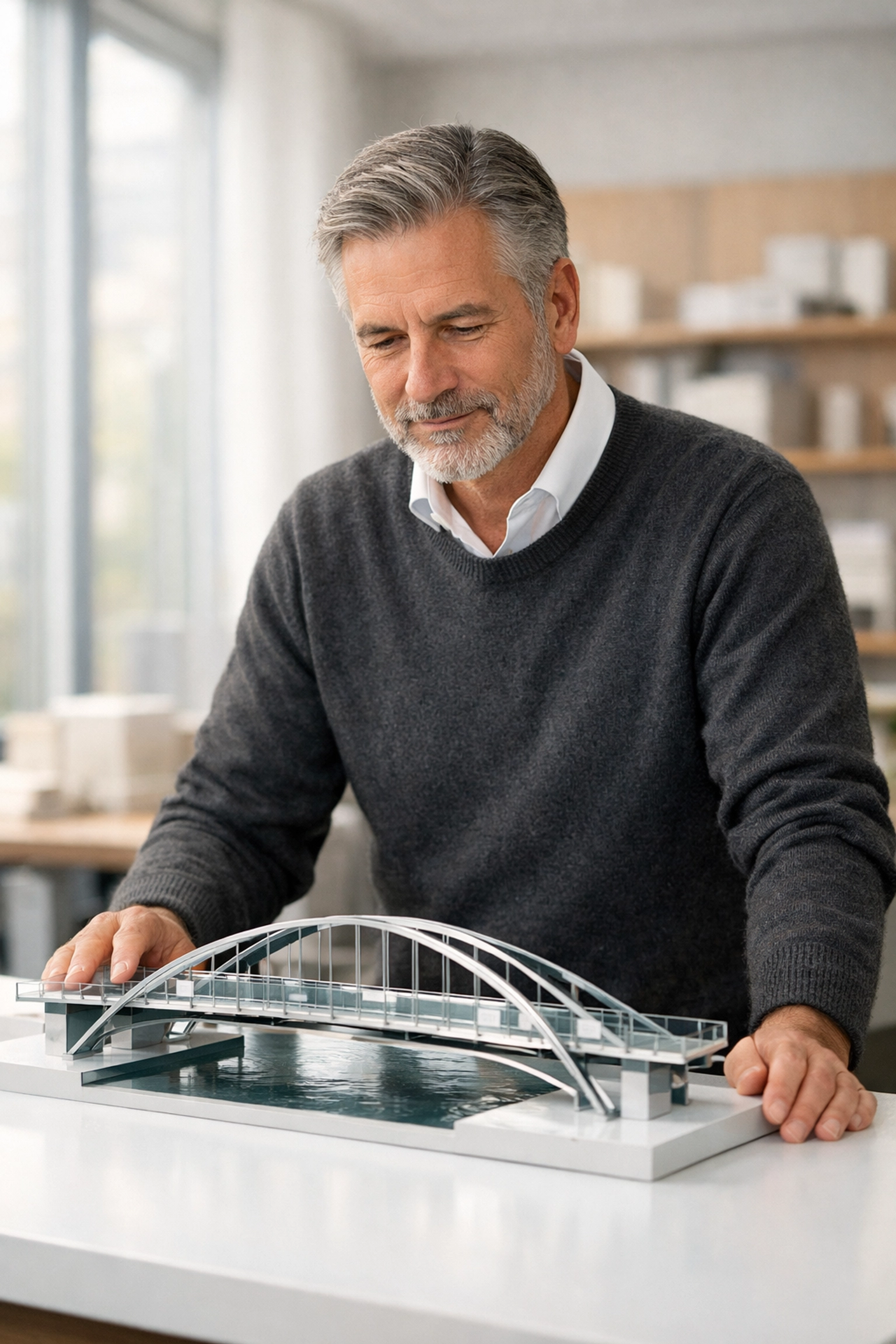 A confident mature builder examining a precision model, representing structural certainty in retirement income planning.