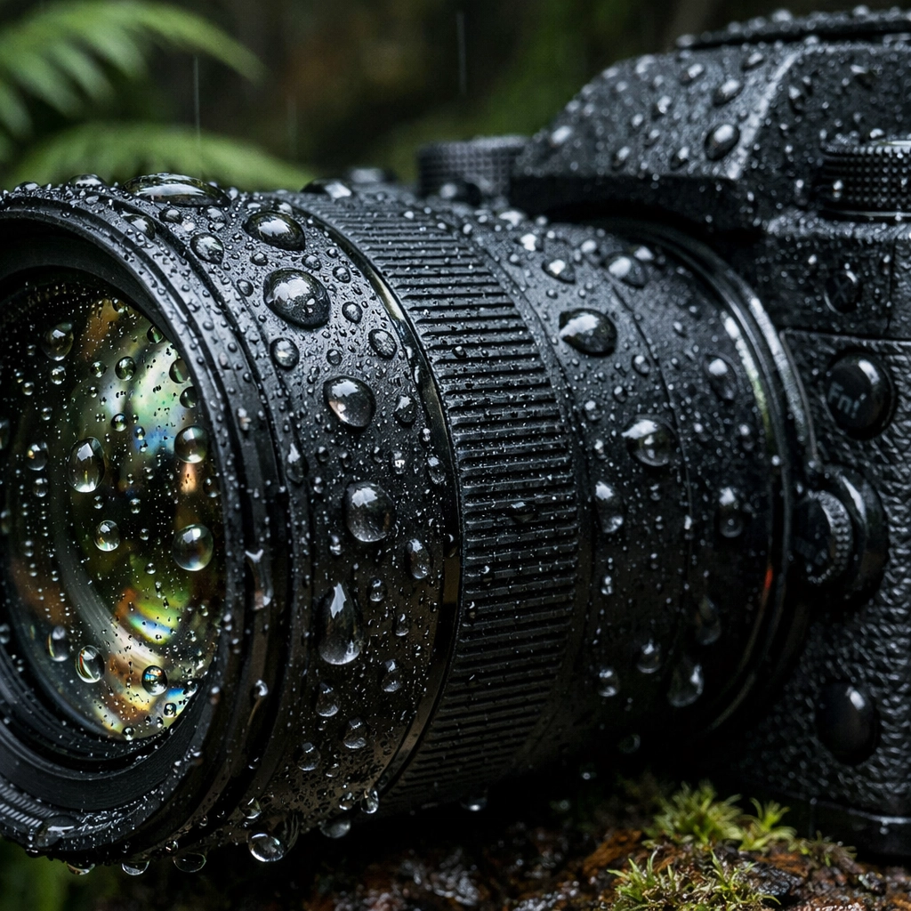 Close-up of a weather-sealed mirrorless camera lens with water droplets in a moody forest setting.