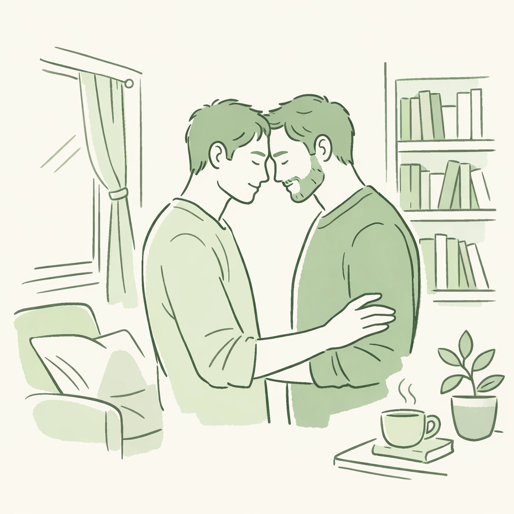 Hand-drawn illustration of two men sharing an emotional bond in a reading nook, highlighting queer community and support.