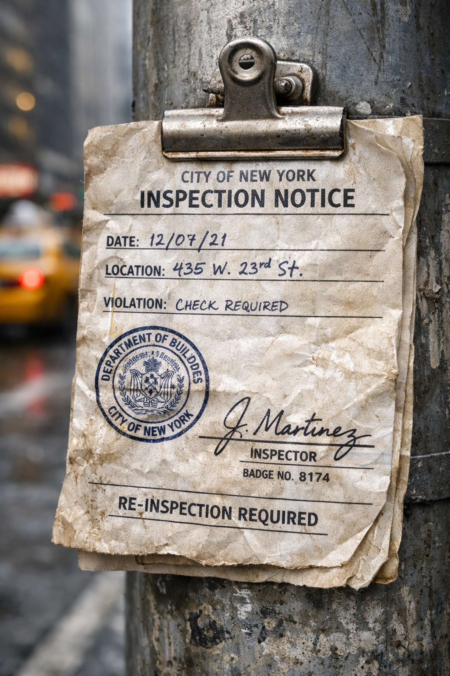 A close-up of a New York City municipal inspection permit attached to a metal pole on a busy urban street.