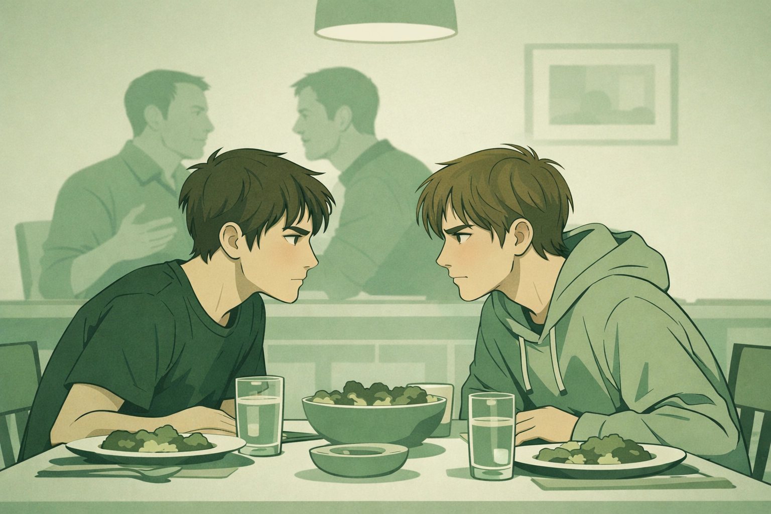 Gay stepbrothers sharing secret glance at family dinner with two fathers