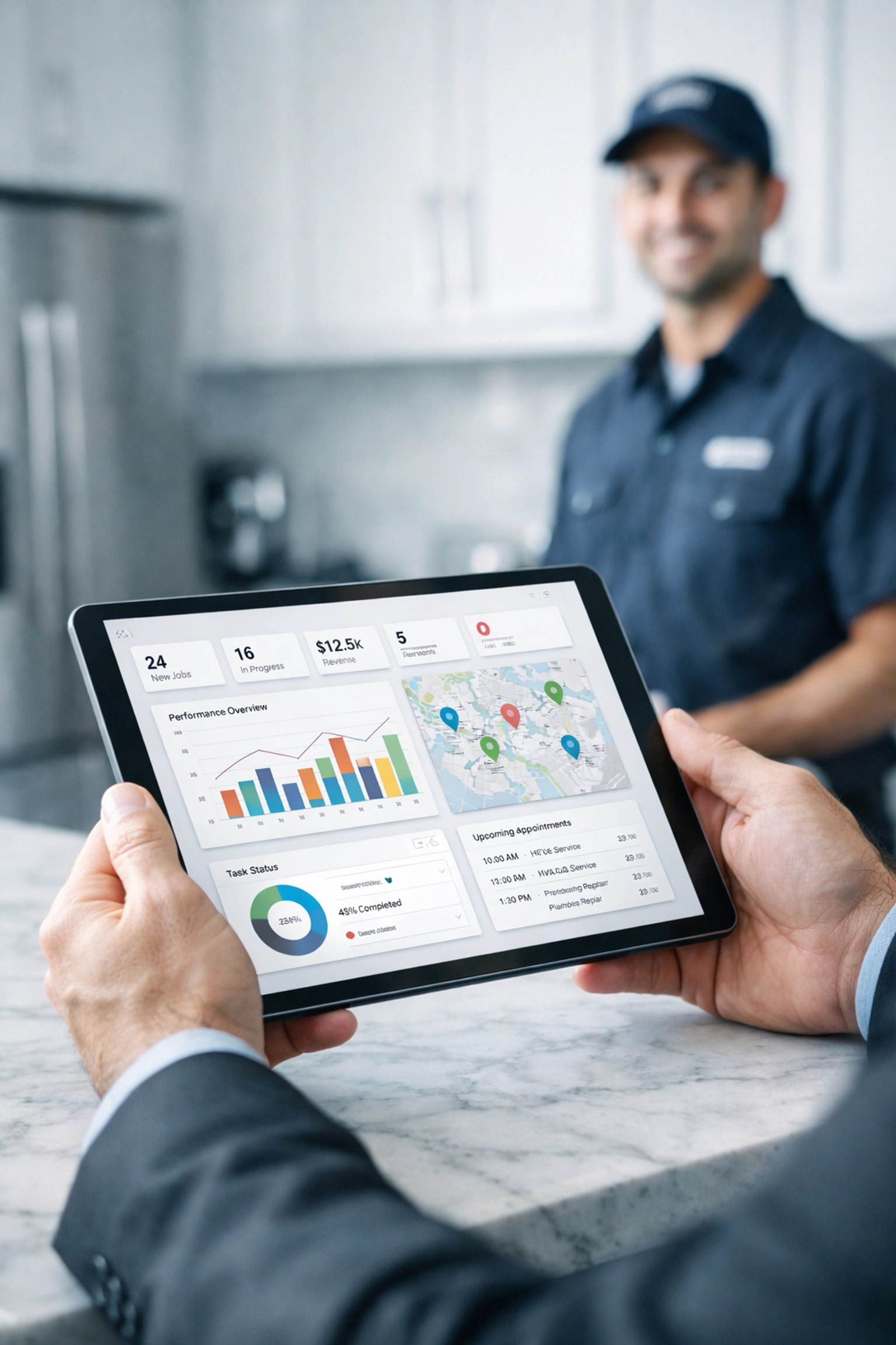 A digital CRM dashboard managing service history for a professional plumbing company.