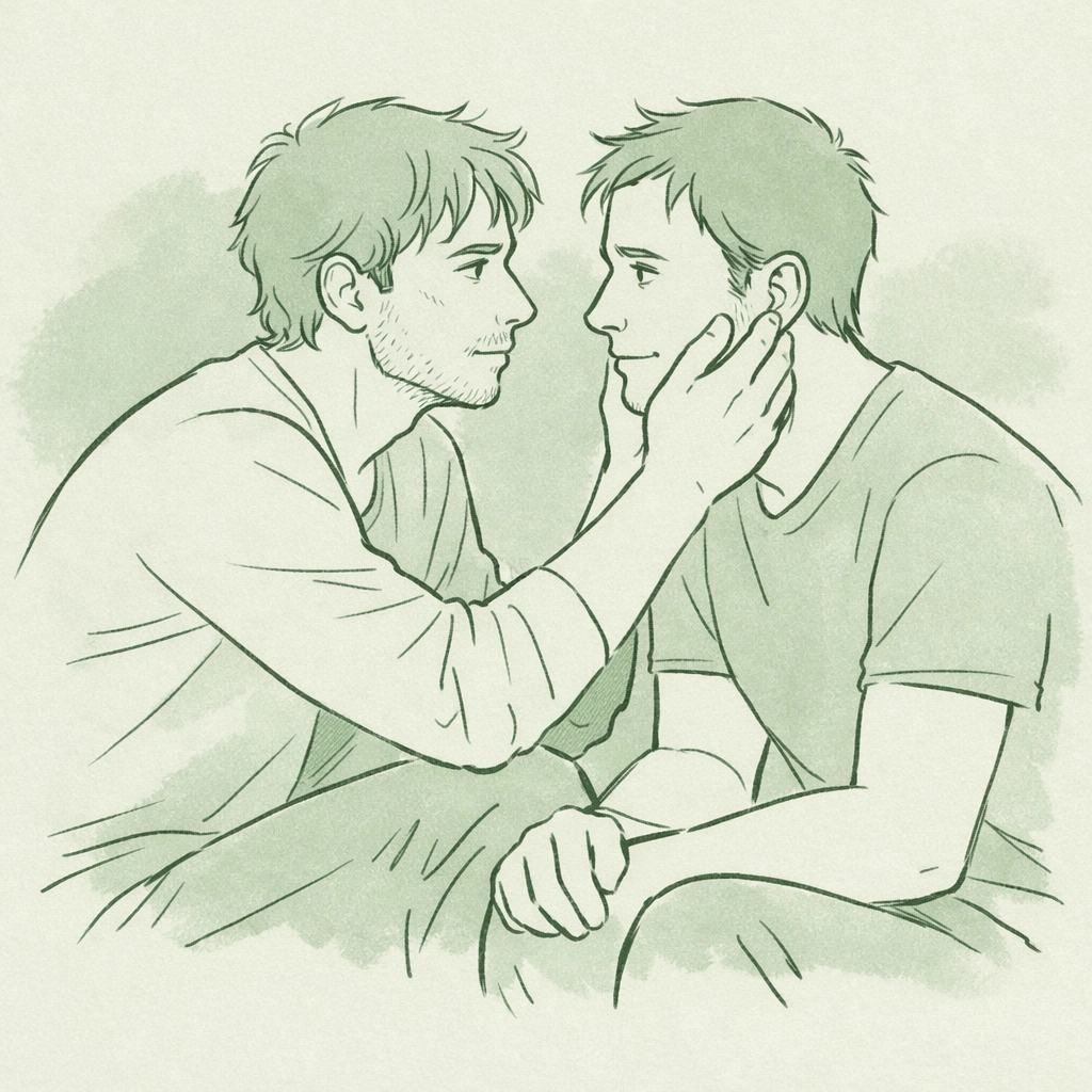 Tender moment between two men in MM romance - emotional depth and authentic gay love story