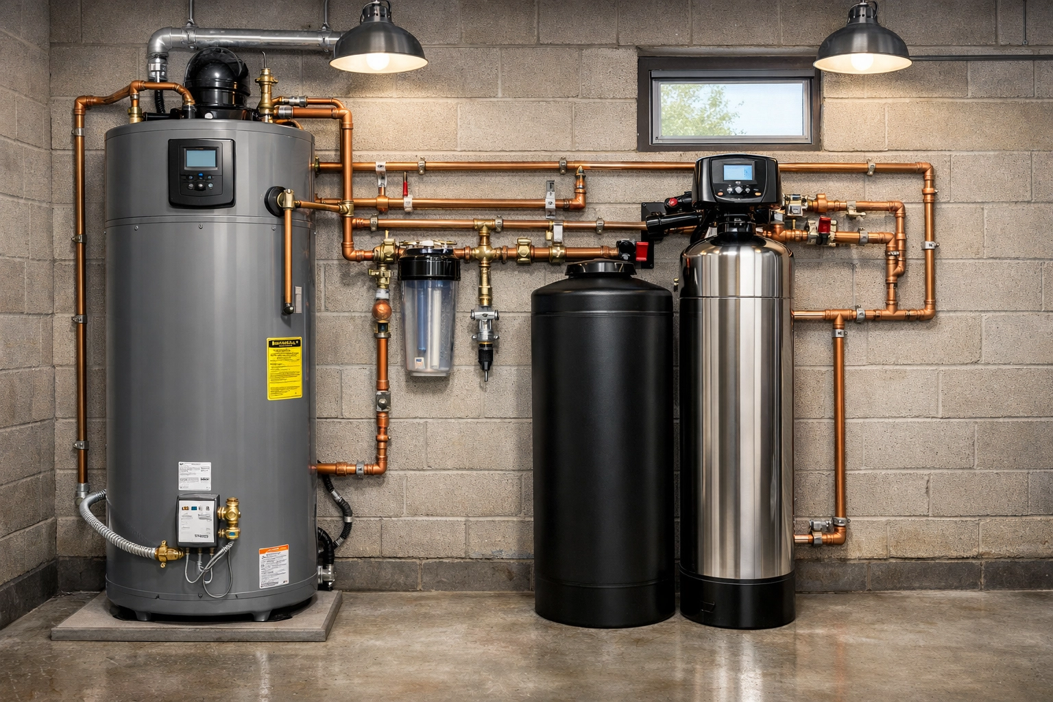 High-efficiency water heater replacement and water softening system installed in a Tucson AZ home utility room.